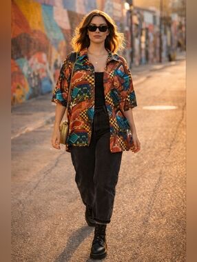 Vintage 100% Silk Abstract Print Button Up Blouse Ivy Club Classics Colorful Top